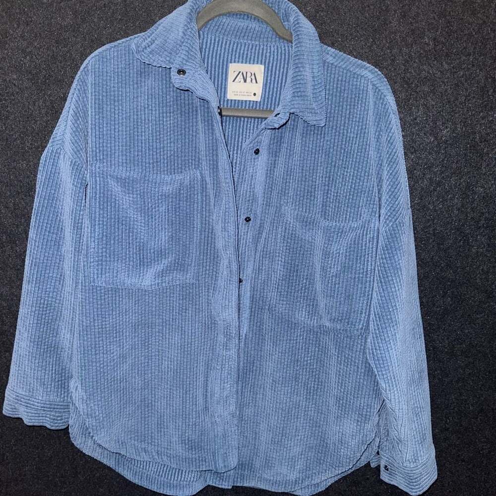 Zara Blue Corduroy Oversized Button-Down Shirt Size XS